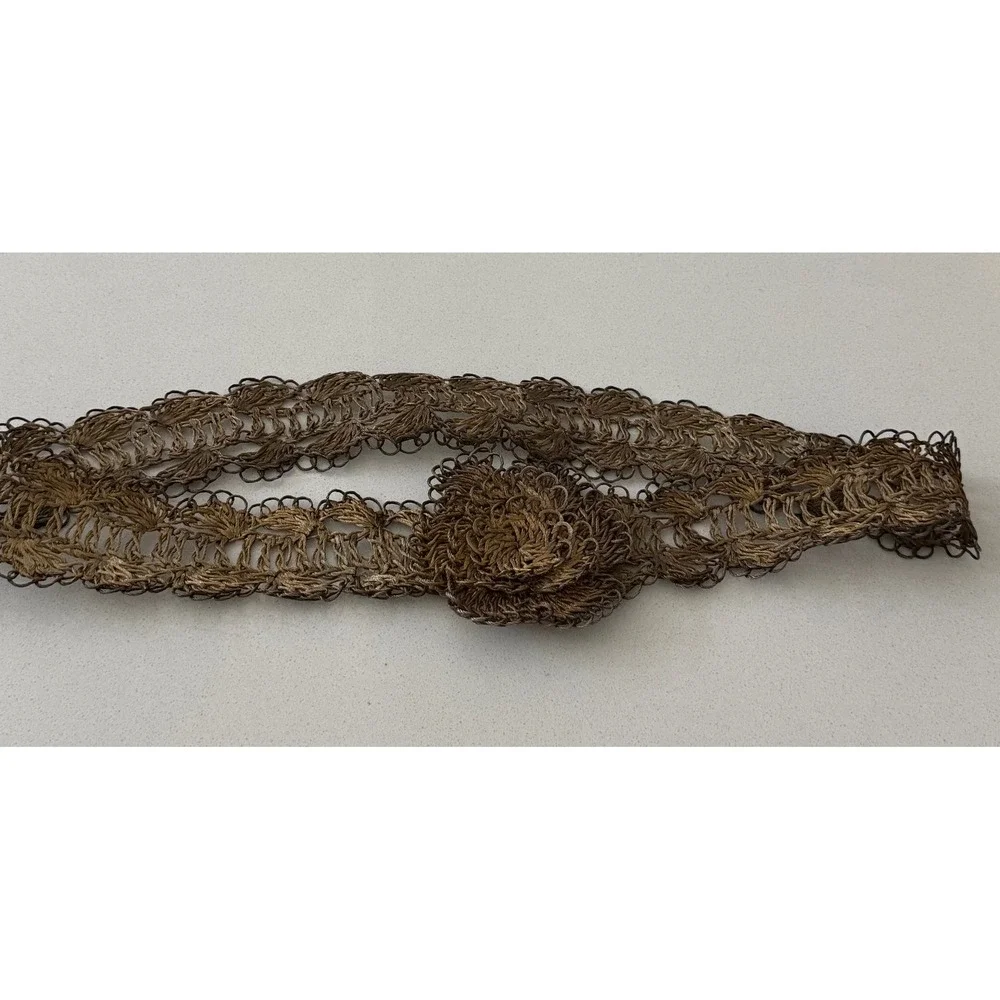 Vintage Bronze Metallic Woven Sash Belt with Large Floral Rosette Pin Wide Boho